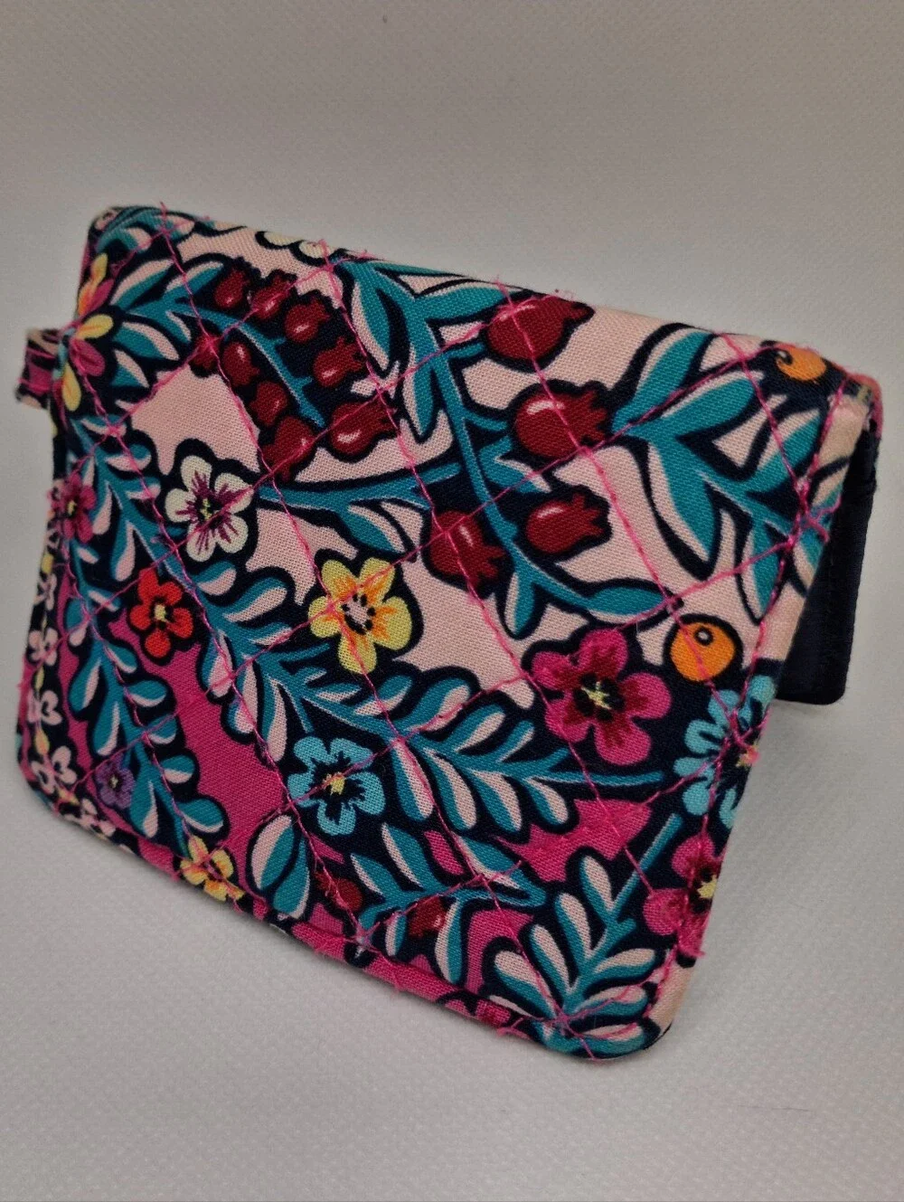 Vera Bradley Quilted Floral Trifold Wallet ID Window Navy Pink Snap Case